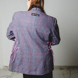 556 Giacca blu in lana a quadri con laccini e ricami a mano tg 48