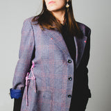 556 Giacca blu in lana a quadri con laccini e ricami a mano tg 48