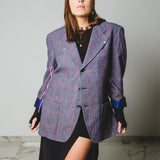 556 Giacca blu in lana a quadri con laccini e ricami a mano tg 48