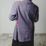 556 Giacca blu in lana a quadri con laccini e ricami a mano tg 48