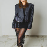 562 Giacca grigia in lana crop con tagli a vivo e laccini  Tg 52