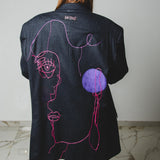 569 Giacca grigia in lana con ricamo di viso a mano Tg 56/58