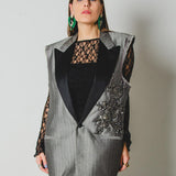 400 ARMANI double-breasted grey jacket with silver rhinestones in pure lightweight virgin wool with rhinestone illustration and colours - Size 50