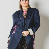 582 Giacca Vintage in lana vergine blu con laccini da scalatore laterali Tg 52