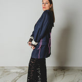 582 Giacca Vintage in lana vergine blu con laccini da scalatore laterali Tg 52