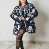 584 Giacca Vintage in pura lana vergine blu  dipinta a mano Tg 54