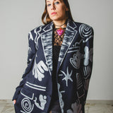 584 Giacca Vintage in pura lana vergine blu  dipinta a mano Tg 54