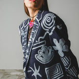 584 Giacca Vintage in pura lana vergine blu  dipinta a mano Tg 54