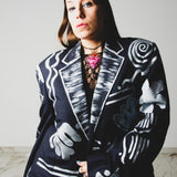 584 Giacca Vintage in pura lana vergine blu  dipinta a mano Tg 54