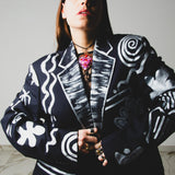 584 Giacca Vintage in pura lana vergine blu  dipinta a mano Tg 54