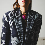 584 Giacca Vintage in pura lana vergine blu  dipinta a mano Tg 54