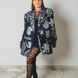 584 Giacca Vintage in pura lana vergine blu  dipinta a mano Tg 54