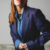 585 Giacca Vintage in pura lana vergine blu  dipinta a mano con strass - Harrod's Tg 46/48