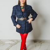 590 Giacca a quadri blu 3 bottoni con strass Tg 50 in lana