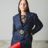 590 Giacca a quadri blu 3 bottoni con strass Tg 50 in lana