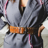 5 - Cintura Vintage in Vera Pelle Scamosciata con Borchie – Color Cuoio - 115 CM