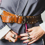 5 - Cintura Vintage in Vera Pelle Scamosciata con Borchie – Color Cuoio - 115 CM