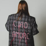 601 - Giacca Vintage Maschile HUGO BOSS a Quadri in Pura Seta con Ricamo “CIAO AMORE” 3D – Tg 54 – Pezzo Unico