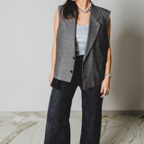 616 - Gilet vintage maschile grigio in pura lana vergine - crop con tagli a vivo  Tg 50