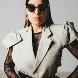 400 ARMANI double-breasted grey jacket with silver rhinestones in pure lightweight virgin wool with rhinestone illustration and colours - Size 50