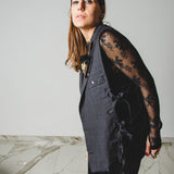 634 - Gilet lungo vintage upcycling a quadri grigio Yves Saint Laurent - oversize con laccini laterali - tg 48/50