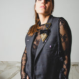 634 - Gilet lungo vintage upcycling a quadri grigio Yves Saint Laurent - oversize con laccini laterali - tg 48/50