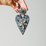 66 - Orecchini grandi a cuore in pelle azzurri con pietre - 1000% handmade