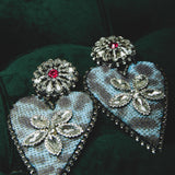 66 - Orecchini grandi a cuore in pelle azzurri con pietre - 1000% handmade
