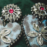 66 - Orecchini grandi a cuore in pelle azzurri con pietre - 1000% handmade