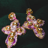 67 - Orecchini grandi a croce fucsia in pelle con pietre  - 1000% handmade