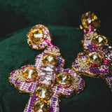 67 - Orecchini grandi a croce fucsia in pelle con pietre  - 1000% handmade