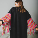 CARDIGAN LUNGO CON FRANGE MULTICOLORE ORO-FUCSIA-LILLA - HANDMADE