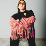 CARDIGAN LUNGO CON FRANGE MULTICOLORE ORO-FUCSIA-LILLA - HANDMADE