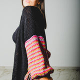 CARDIGAN LUNGO CON FRANGE MULTICOLORE ORO-FUCSIA-LILLA - HANDMADE