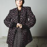 FUCHSIA JACQUARD BOMBER STYLE JACKET - REVERSIBLE IN BLACK VELVET FABRIC - CONTRASTING POCKETS