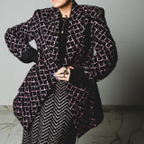 FUCHSIA JACQUARD BOMBER STYLE JACKET - REVERSIBLE IN BLACK VELVET FABRIC - CONTRASTING POCKETS