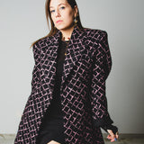 FUCHSIA JACQUARD BOMBER STYLE JACKET - REVERSIBLE IN BLACK VELVET FABRIC - CONTRASTING POCKETS