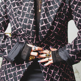 FUCHSIA JACQUARD BOMBER STYLE JACKET - REVERSIBLE IN BLACK VELVET FABRIC - CONTRASTING POCKETS