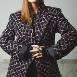 FUCHSIA JACQUARD BOMBER STYLE JACKET - REVERSIBLE IN BLACK VELVET FABRIC - CONTRASTING POCKETS