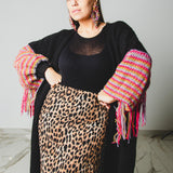 CARDIGAN LUNGO CON FRANGE MULTICOLORE ORO-FUCSIA-LILLA - HANDMADE