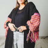 CARDIGAN LUNGO CON FRANGE MULTICOLORE ORO-FUCSIA-LILLA - HANDMADE