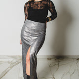 6 - ALMA Skirt – Gonna couture sartoriale in cotone laminato argento  TG 1 - 40