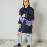 729- Giacca Vintage Blu a Quadri con Frange Lilla – One of a Kind TG 60