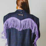 729- Giacca Vintage Blu a Quadri con Frange Lilla – One of a Kind TG 60