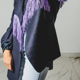729- Giacca Vintage Blu a Quadri con Frange Lilla – One of a Kind TG 60