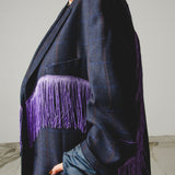 729- Giacca Vintage Blu a Quadri con Frange Lilla – One of a Kind TG 60
