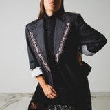 737 - PINK FRINGE – Blazer Crop Vintage Grigio in Lana Vergine Tg 48