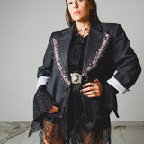 737 - PINK FRINGE – Blazer Crop Vintage Grigio in Lana Vergine Tg 48
