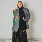 738 - WILD BLOOM – Blazer Vintage Grigio Dipinto a Mano con Strass Oro Tg 58