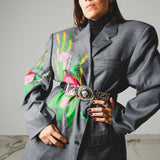 738 - WILD BLOOM – Blazer Vintage Grigio Dipinto a Mano con Strass Oro Tg 58